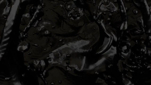 Animated realistic droplets of crude oil or black oil paint falling into full container and splashing in slow motion.