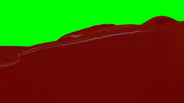 Animated ketchup, red paint or blood pouring and splashing rapidly filling up whole container against green background.