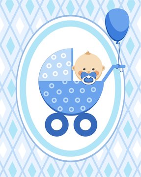 Newborn baby, boy, card, blue rhombus, vector. A little boy in a blue stroller. A blue ball is tied to the stroller. Color, flat card. Congratulation. Blue diamonds on a blue field. 