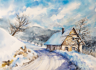 Winter landscape with old house in mountains close to the road covered with snow. Picture created with watercolors.