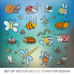 Set funny insects. Isolated on white background. Wasp, bee, bumblebee, butterfly, worm, caterpillar, beetle, ladybug, grasshopper, fly, mosquito, dragonfly, spider. flat vector icon