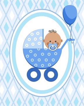 Newborn baby, boy, postcard, Africa, blue rhombus, vector. A little boy in a blue stroller. A blue ball is tied to the stroller. Color, flat card. Congratulation. Blue diamonds on a blue field. 