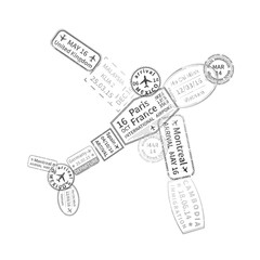 Black immigration stamps arranged in airplane shape isolated on white