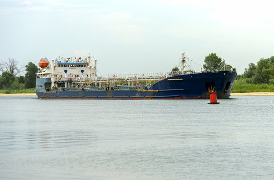 Tanker ship on Don river. Freight oil boat near Rostov-on-Don, Russia.
