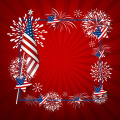 USA background design of america flag and fireworks with line frame vector illustration