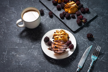 Cake with cottage cheese and Blackberry, coffee with milk. Delicious Breakfast.
