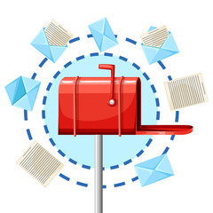 Red mailbox. Circle of letters. Email concept in cartoon style. Vector illustration on white background. Web site page and mobile app design - obrazy, fototapety, plakaty