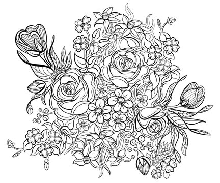 Floral elements and leaves for coloring book. Anti-stress coloring for adult. Tattoo stencil. Zentangle style. Black and white lines. Lace pattern. Vector illustration on white background