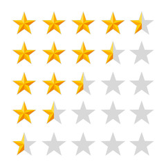 Golden star rating icon. Half stars. Isolated badge set. Quality, feedback, experience, level concepts. Vector illustration isolated on white background. Web site page and mobile app design