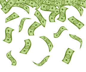 Money rain pattern. Falling dollar banknotes on white background. Illustration for credit, savings, success, charitable concepts