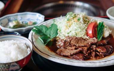Grilled Ishigaki beef premium wagyu A5 with salad, rice and sea grape