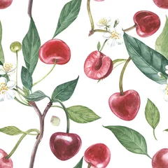 Wallpaper murals Watercolor fruits Hand-drawn watercolor wreath of flowers of cherry and leaves illustration. Watercolor botanical illustration seamless pattern.