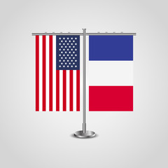 Table stand with flags of USA and France.Two flag vector. flag pole.Symbolizing the cooperation between the two countries.Vector table flags