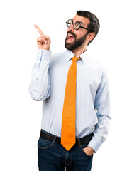 Funny man with glasses thinking