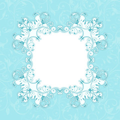 Blue floral decorative frame. Filigree branch. Card or invitation design template