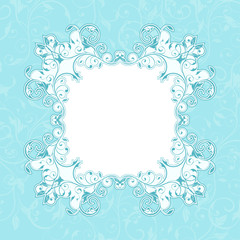 Blue floral decorative frame. Filigree branch. Card or invitation design template