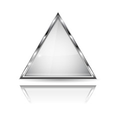 White glass 3d button with metal frame. Triangle shape. With reflection on white background