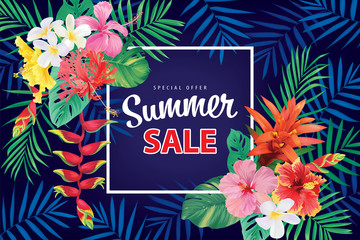 Special offer summer sale with tropical hibiscus flowers frame and palm leaf on blue background template. Vector set of floral blooming for holiday greetings, voucher, brochures and banners design.