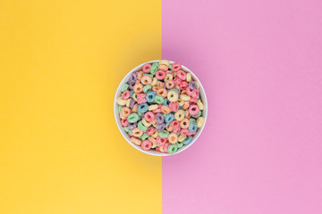 Bowl of colorful cereals top view