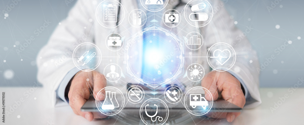 Aufkleber doctor using digital medical futuristic interface 3d rendering