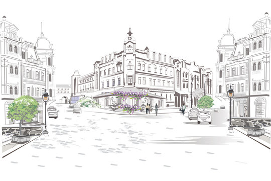 Series of street views in the old city. Hand drawn vector architectural background with historic buildings.