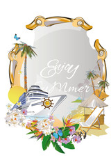 Background with summer flowers and sea beach. Ship and palms.