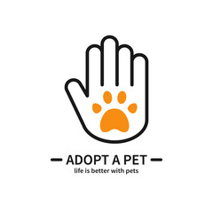 Obraz premium Adopt a Pet. Hand with Paw Line Icon. Volunteer Help Care Protection Support Theme. Pet Adoption Sign and Symbol.