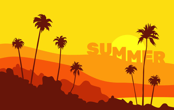 beautiful summer background with palms sunset mountains
