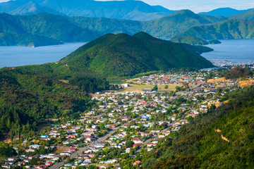 Paranomic view of Picton among the nature, New Zealand, View from Tirohanga Track.
