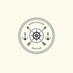 Sea and nautical typography badge and design element. Template for company icon or web decoration. Marine cruise, beach resort, shipbuilding Anchor, steering wheel. Vector collection. Logo