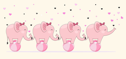 Cute elephants stick together standing on ball. Children's graphics.