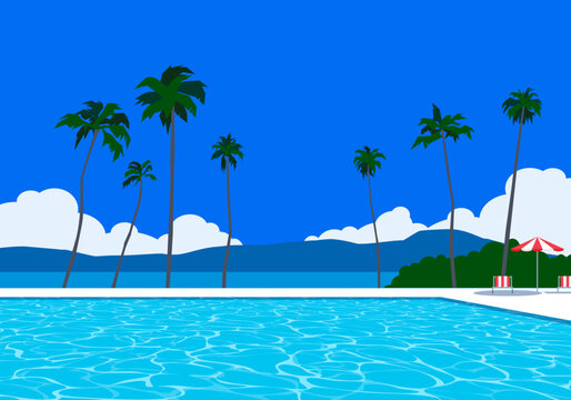 beautiful summer landscape with swimming pool sea palm trees mountain