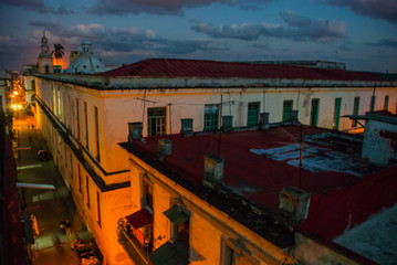 Night landscape. Top view of the street and the Cathedral. Havana. Cuba