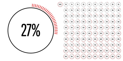 Set of circle percentage diagrams from 0 to 100 ready-to-use for web design, user interface (UI) or infographic - indicator with red