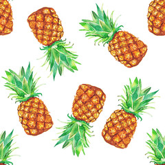 Seamless pattern with pineapple on a white background. Watercolor
