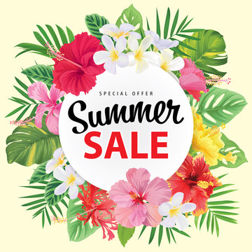 Special offer summer sale with tropical hibiscus flowers frame and palm leaf on yellow background template. Vector set of floral blooming for holiday greetings, voucher, brochures and banners design.