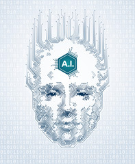 Artistic Representation Of Artificial Intelligence. Human face formed from electronic pattern of printed circuit board. Illustration on the subject of 'Future Technologies'.