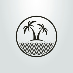black and white abstract icon of two palm trees and a sea in a round frame