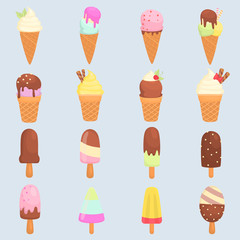 Different tastes ice cream color flat icons set