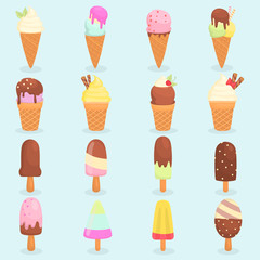Different tastes ice cream color flat icons set