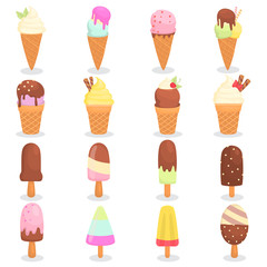 Different tastes ice cream color flat icons set