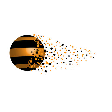 vector de una esfera en 3d como ilustraci&oacute;n con rayas negras y doradas y un efecto de dispersi&oacute;n como si se rompiese la esfera y se difuminase en el espacio para de ella