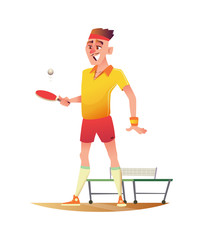 Funny table tennis player stands near a tennis table. Cartoon character design  illustration.