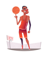 Happy smiling basketball player in uniform with ball standing on the basketball playground. Cartoon vector character design.