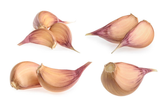 Garlic cloves isolated on white background. set