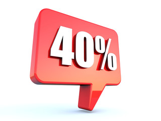 40 percent off sign on glossy red rectangle bubble on white background