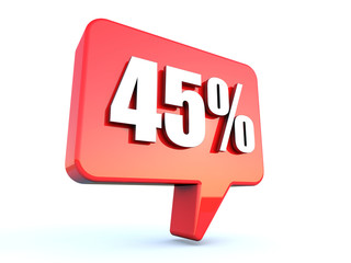 45 percent off sign on glossy red rectangle bubble on white background
