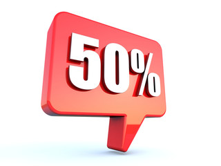 50 percent off sign on glossy red rectangle bubble on white background