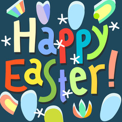 Happy Easter greeting card design template. Happy Easter headline hand lettering. Abstract pattern eggs and flowers