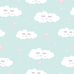 Seamless background from clouds. Lovely children's pattern for decoration. Vector illustration for printing textiles, paper, wallpapers, postcards, printed products.